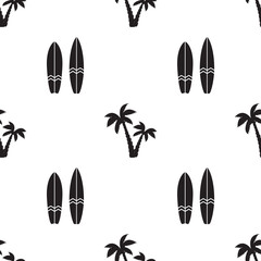 Seamless repeat pattern with surfboard and palm trees. Summertime, surfing, surf boards texture, wallpaper template. Design for fashion fabrics, textile graphics and t-shirt.