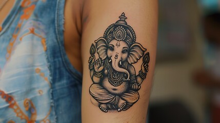 Divine Protection: Intricate Ganesha Tattoo, Symbol of Power and Wisdom for Spiritual Guarding
