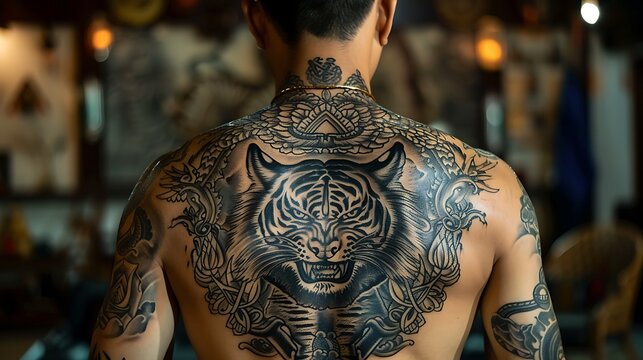 Majestic Tiger Sak Yant Tattoo Symbolizing Spiritual Protection in Powerful Stance