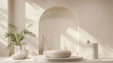 A minimalist product display podiums with plants and rocks for decoration. mockup for branding presentation or packaging design in the style of soft lighting.