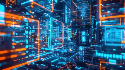 Holographic screen and advanced technology The environment is filled with blue and orange neon lights and floating holograms.