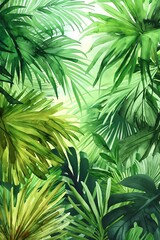 Tropical Green Leaves Watercolor Background, Fresh and Vibrant Design, Suitable for Nature or Botanical Themes