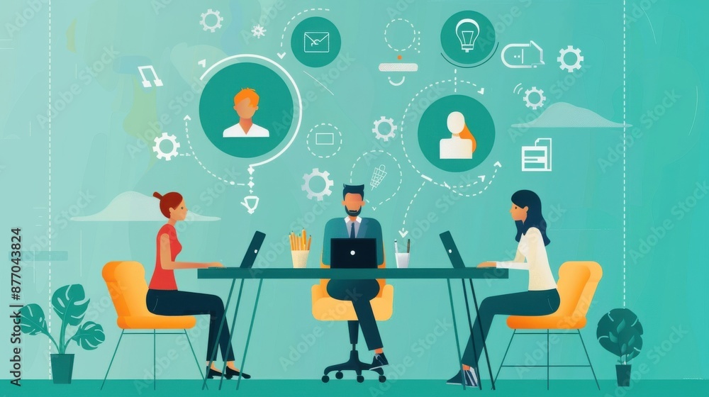 Poster hybrid work scenario with both in-office and remote workers, flexible and adaptive.