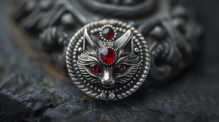 Naklejka premium Enchanting Silver Fox Amulet with Red Gemstone Close-up Macro Shot