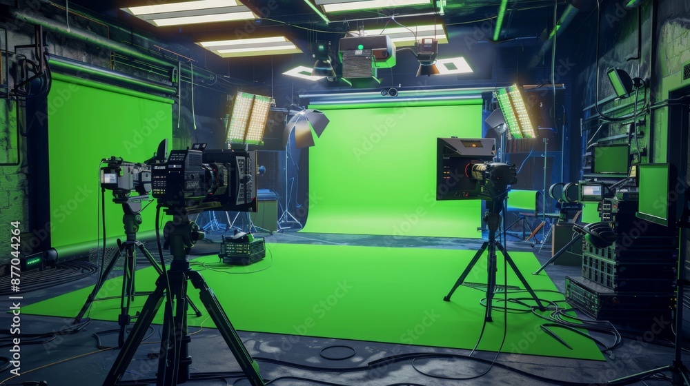 Poster a professional film studio with multiple cameras and lighting equipment set up in front of a large g