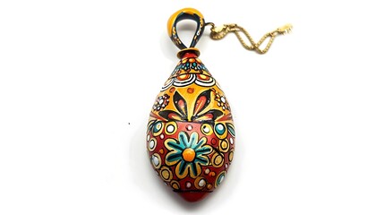 Intricately Hand-Painted Ceramic Charm with Ancient Motifs in Bright Lighting Isolated on White Background for a Timeless Look