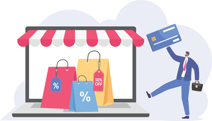 Ecommerce concept. Online shopping. Online delivery service concept. Fast delivery via laptop. buying and selling, for web page. Sale poster. Promo Christmas, New Year. Vector illustration.

