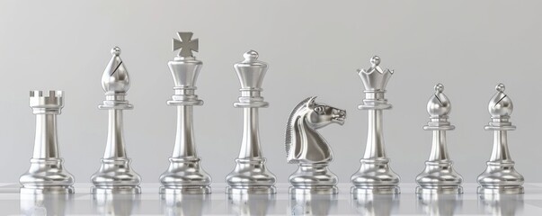 Complete Set of Silver Chess Pieces on a Pristine Background - A Display of Tactical Elegance - Generative AI