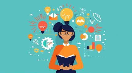 Obraz premium Inspiration, Visualization, Cooperation, inspired person visualizing ideas in cooperation, flat design illustration