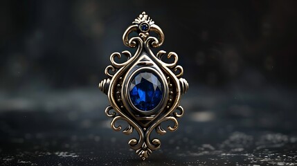 Fototapeta premium Royal Talisman with Sapphire Stone on Dark Background, Side View.