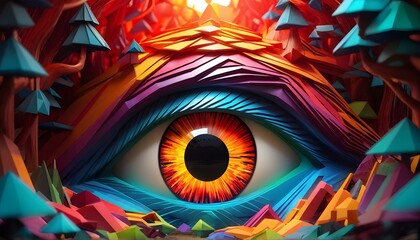 Colorful surreal abstract eye with vibrant surrounding elements in a fantasy forest. Generative AI