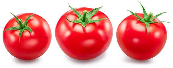 Set of three red campari tomatoes isolated on white background. Macro shot.