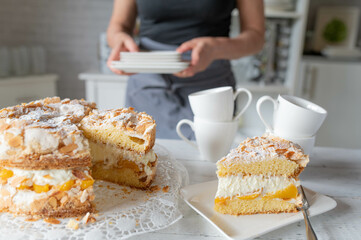 Summer cake with fresh baked meringue torte with whipped cream and peaches