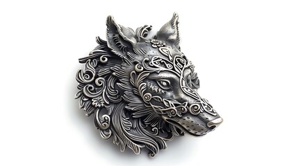 Obraz premium Mystical Silver Wolf Head Amulet with Intricate Details, Isolated on White Background.