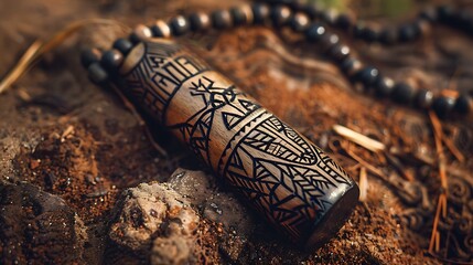 Tribal Wooden Amulet Close-Up on Earthy Background - Intricately Hand-Carved Ethnic Jewelry Detail with Natural Textures