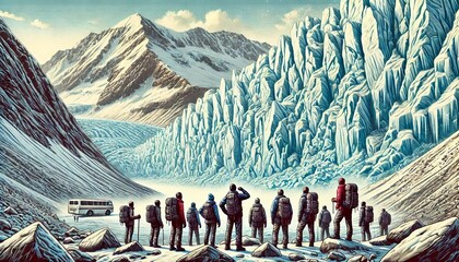 Obraz premium Hikers in Awe in Front of a Glacier Wall in the Mountains