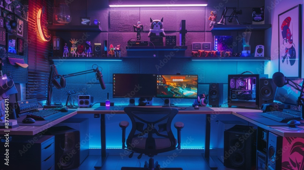 Poster a modern gaming setup with two monitors, a keyboard, a mouse, and a gaming chair. the room is lit wi