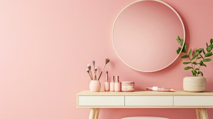 Modern dressing table with mirror, makeup brushes, and open area for text