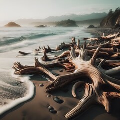 Weathered driftwood scattered along a secluded beach with waves gently washing over them.