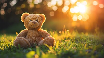 selective focus at teddy bear sitting on the grass with burst sunrise light