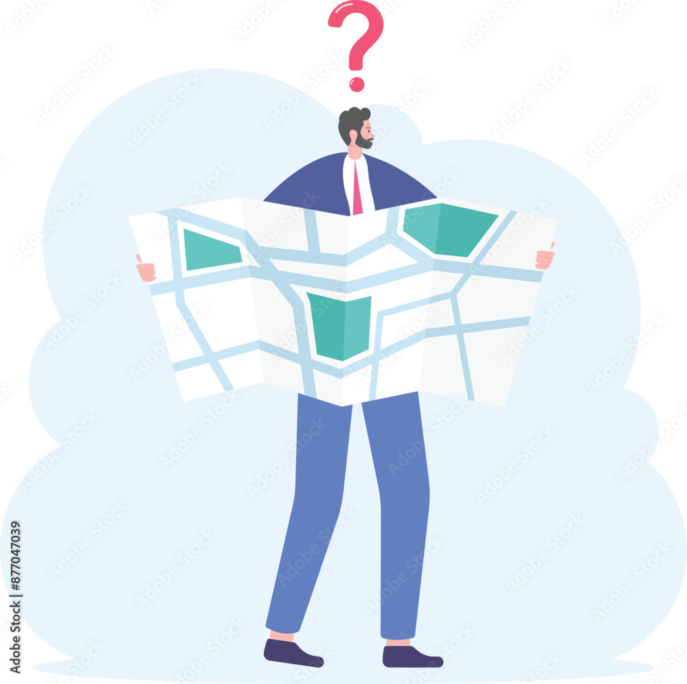 Aufkleber man read map and choose which way. confused businessman holds map and stands at crossroads. choosing
