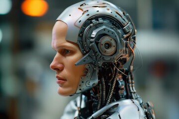 Fototapeta premium Side profile portrait of cybernetic human face with advanced mechanical implants, showcasing fusion of human and robotic elements, representing the merging of man and machine