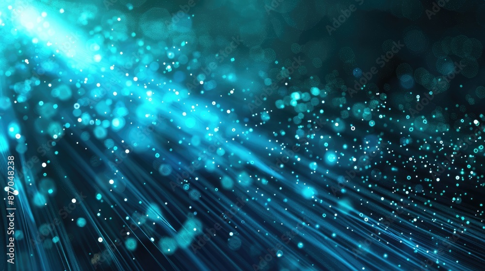 Poster technology background with abstract cyan lines and digital particles