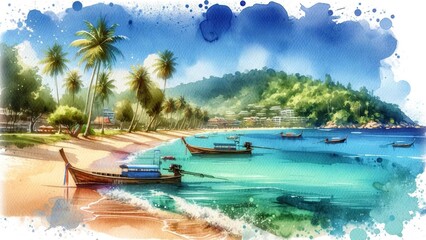 Thailand Beach, Watercolor style, Blue sea