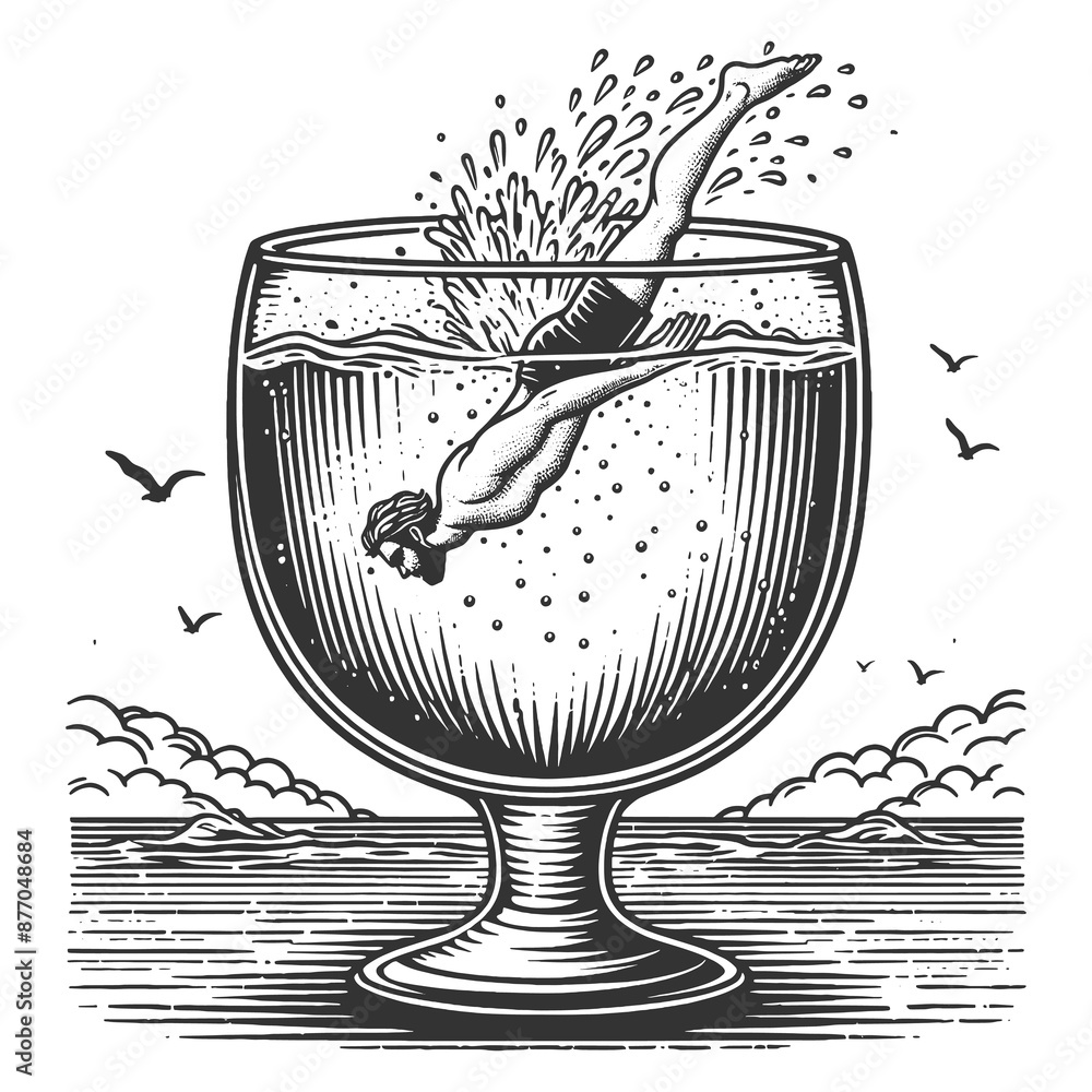 Poster man diving into an overflowing mug of beer, merging classic art with humor sketch engraving generati