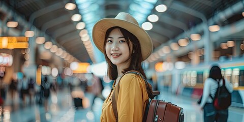 A fashionable young Asian woman at an airport or train station