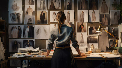 A fashion designer stands at a desk covered with sketches and fabric samples, facing a wall filled with fashion photos and inspiration images.