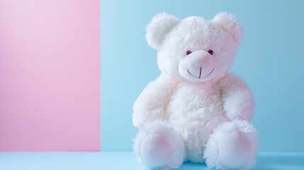 Smiling white teddy bear on light pink blue table background