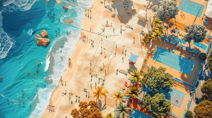 Aerial view of a beach volleyball tournament with multiple courts set up and players engaged in energetic matches