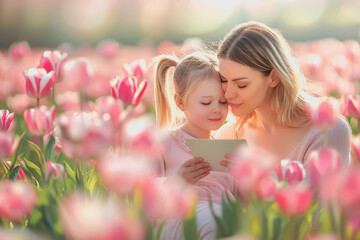 Fototapeta premium Woman reading Mother's Day card and kissing daughter.