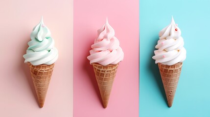 Soft serve ice cream cones isolated on pink and blue background