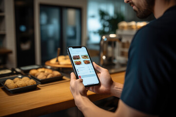 A person uses a smartphone to browse food options while standing at a counter with baked goods in the background.