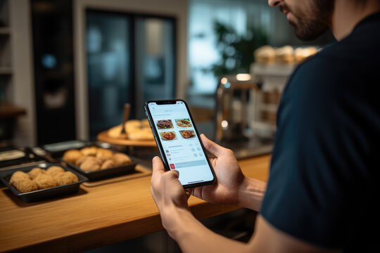 A person uses a smartphone to browse food options while standing at a counter with baked goods in the background.