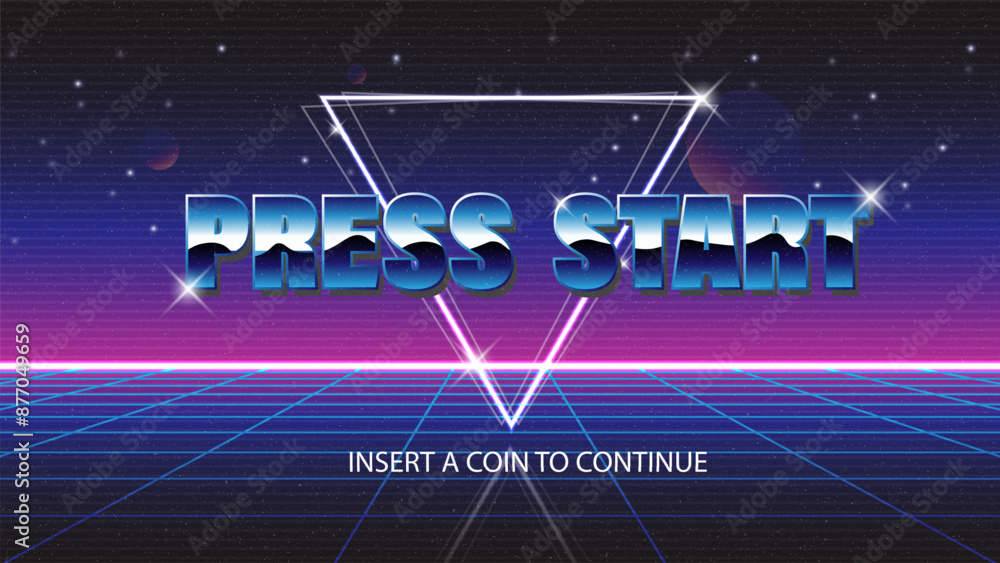Poster press start insert a coin to continue .synthwave wireframe landscape.retro game. for game assets.ret
