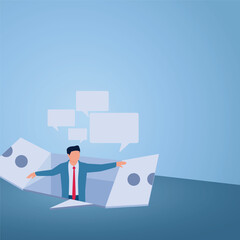 A man comes out of the underground opens the door visible bubble chat, an illustration for open communication.