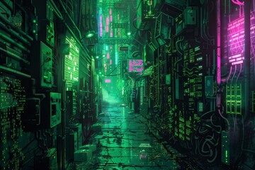 Obraz premium Cyberpunk alleyway with bright neon lights and detailed futuristic elements, showcasing a high-tech urban environment perfect for sci-fi and digital themes.