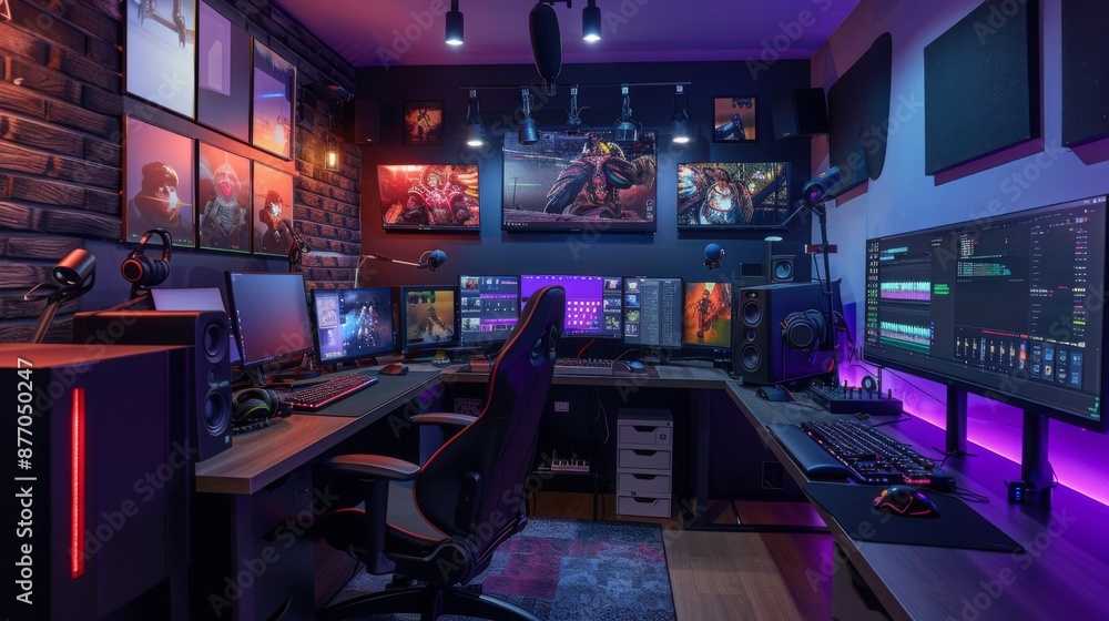 Poster a modern gaming setup with multiple monitors, a comfortable chair, and a brick wall backdrop. the de