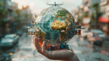 Globe with Container Trucks, Airplane and Container Ships to each other held in a hand.
