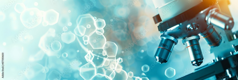 Poster detailed view of a microscope with molecular structures in the background. concept of medical resear