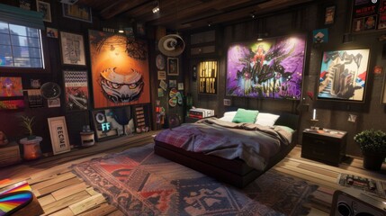 A modern bedroom with a bed, a nightstand, and a colorful rug. The walls are decorated with posters, artwork, and various other objects. The room is lit by overhead lights.