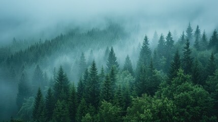 Misty landscape with fir forest
