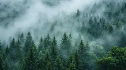 Misty landscape with fir forest