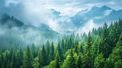 Misty landscape with fir forest