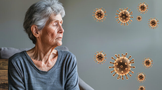 A woman is sitting on a couch with a virus in the background. The virus is in the form of a cloud of particles - Powered by Adobe