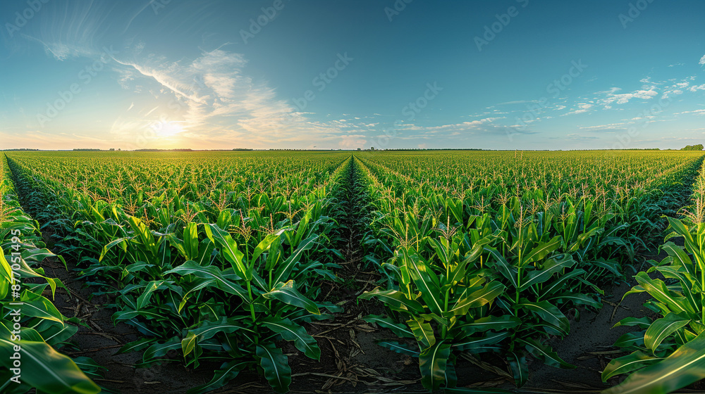 Wall mural A vast expanse of a corn crop stretching to the horizon, with a clear blue sky as the background.