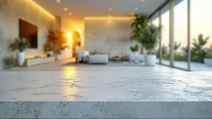 Obraz premium Beautiful white tabletop counter with a blurred, bright, and clean modern living room interior.